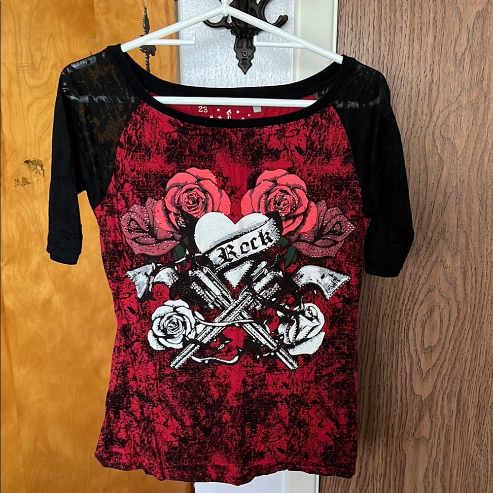Edgy Red and Black Graphic Tee with Roses